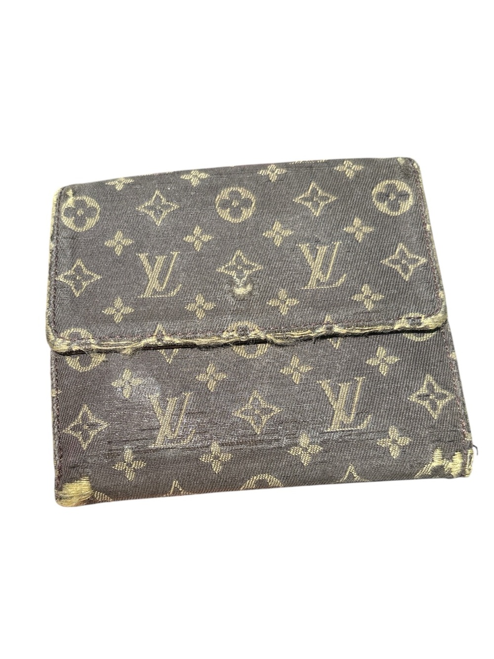 Louis Vuitton Mini Lin Monogram Canvas compact trifold wallet KK initials brown
